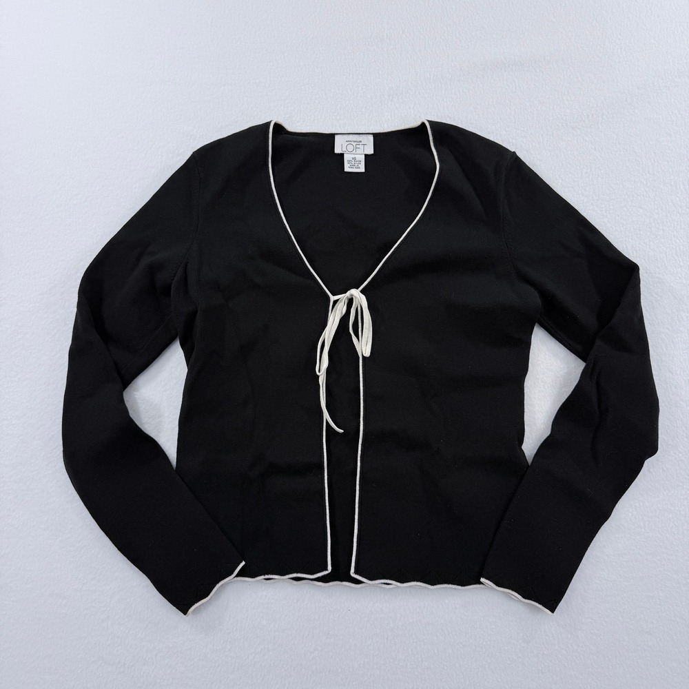 Ann Taylor Loft‎ Cardigan Womens XS Black Excellent Tie Front Contrast Trim